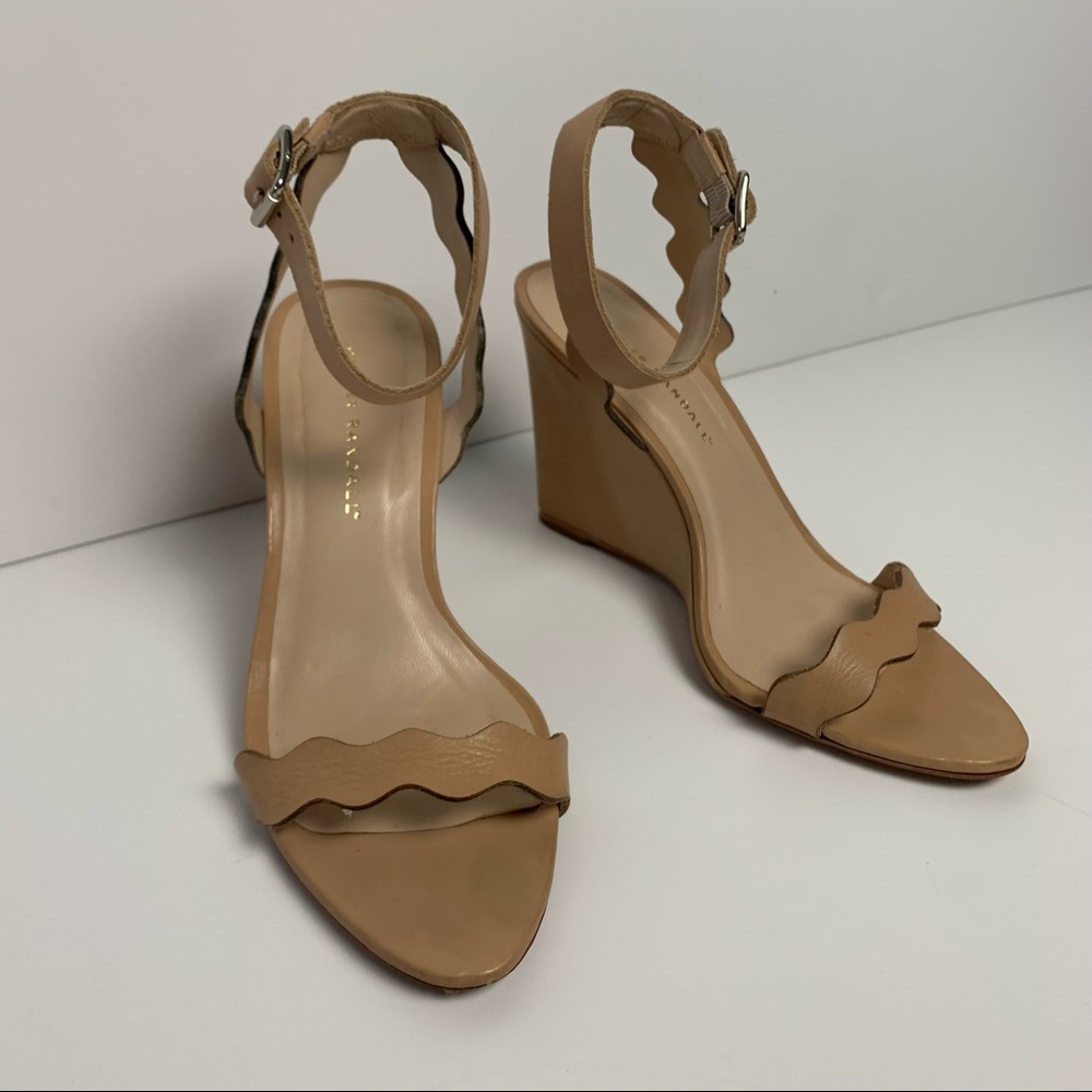 Loeffler Randall Piper Scallop Ankle Strap Wedge Sandals 8 Heels Nude Leather